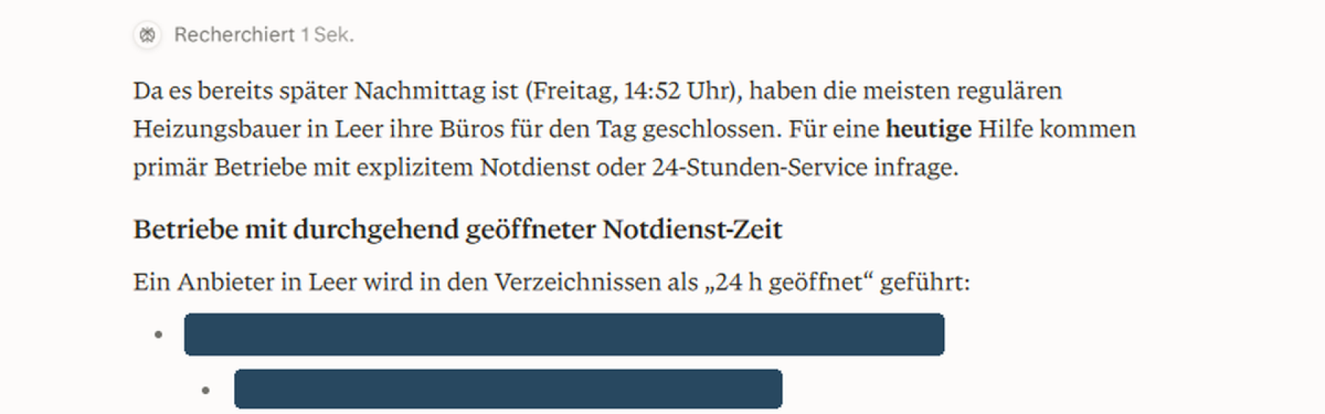 KI-Antwort von Perplexity auf die Frage: Welcher Heizungsbauer in Leer kann mir heute noch helfen?